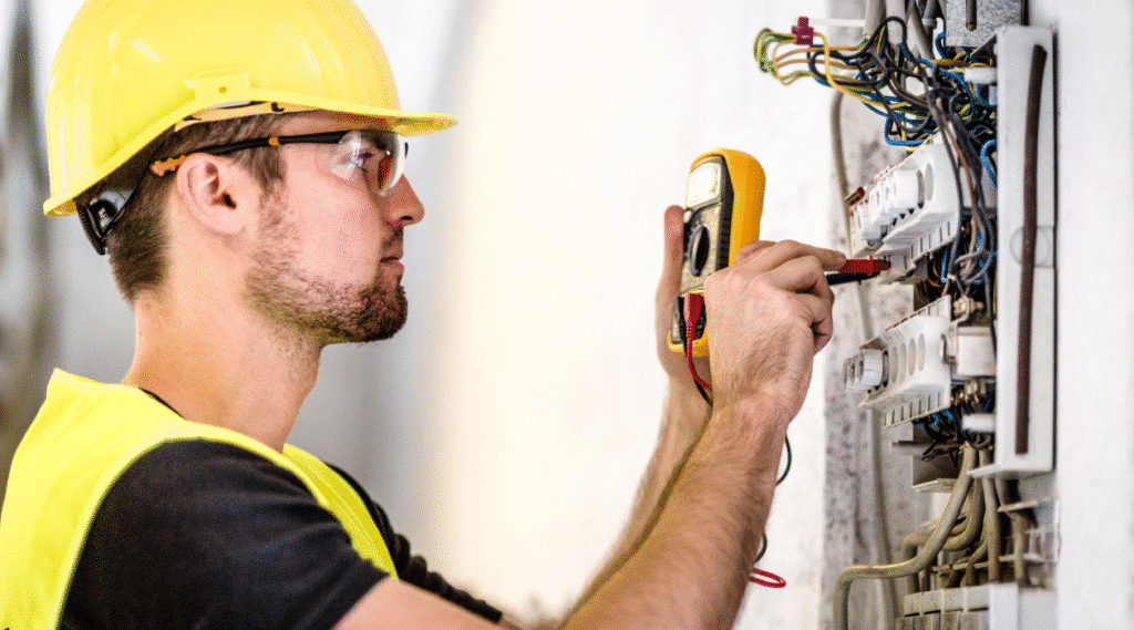 Electrician testing an electrical panel